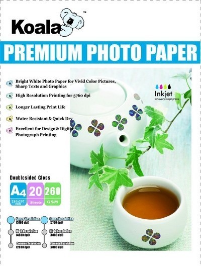 V177-P-260A4DSHGPP_P-260A4DSHGPP__96846_1 KOALA 260gsm A4 Double Sided High Gloss Photo Paper 20 Sheets - Image 1