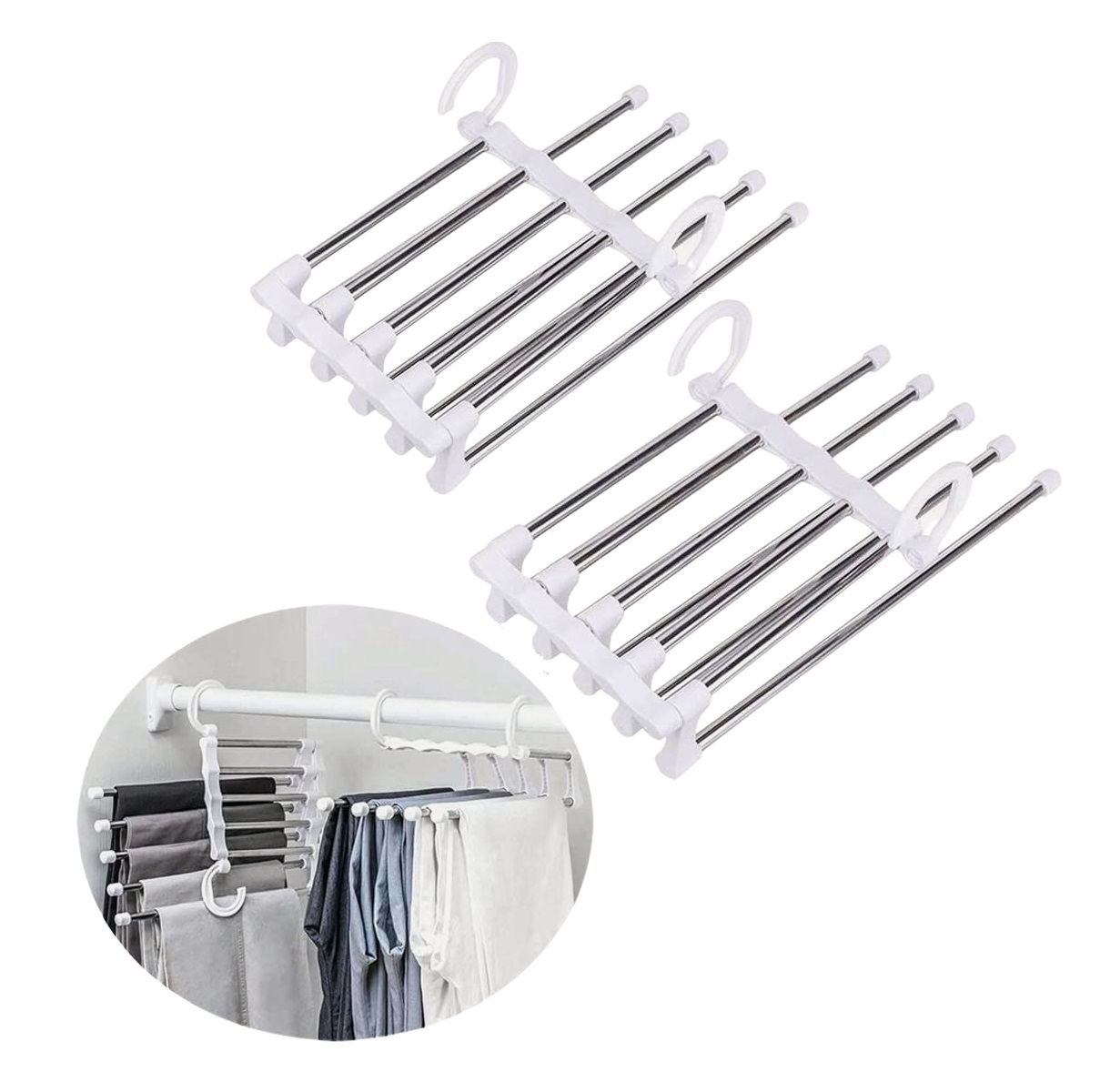 V178-36041-36041_1_tDt8WXJEZ-00 2 Pack Stainless Steel Adjustable 5 in 1 Pants Hangers Non-Slip Space Saving for Home Storage - Image 1