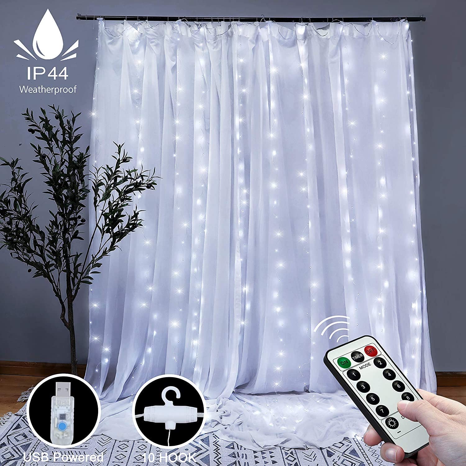 V178-49767-49767_1_7oWWqh7Hh-00 300 LEDs Window Curtain Fairy Lights 8 Modes and Remote Control for Bedroom (Cool White, 300 x 300cm) - Image 1