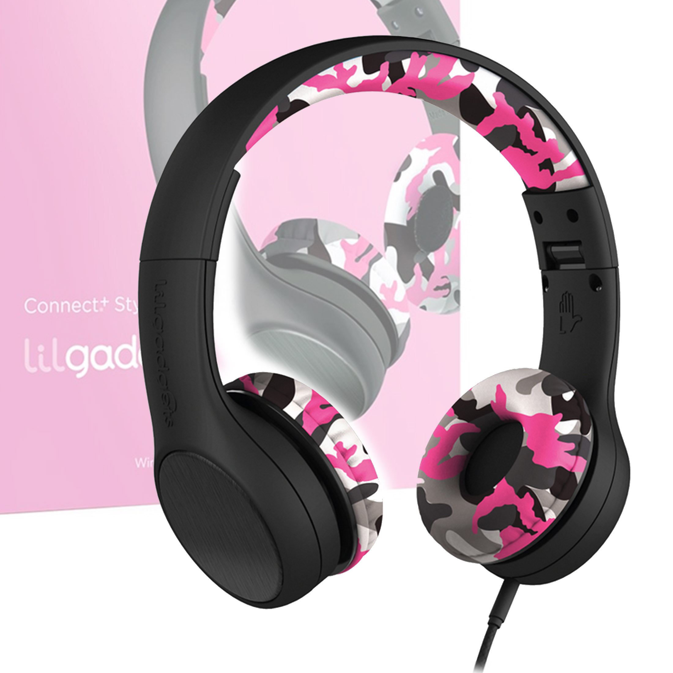 V185-LGCS09PC_lgcs09a_1 LilGadgets Connect + Childrens Kids Wired Headphones Pink Camo - Image 1