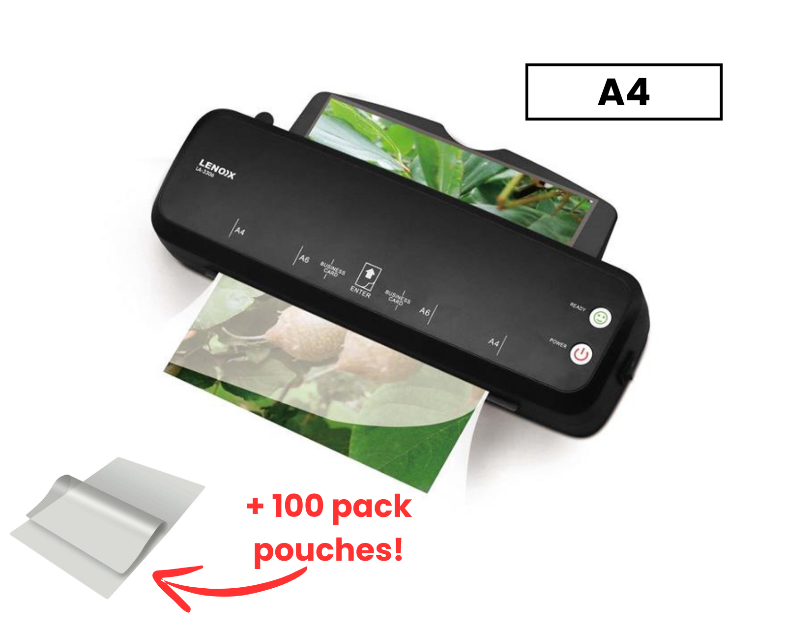 V196-A4PACK-184124-00 Hot Paper Laminator 300W for 80-100 Microns with 100 A4 Laminating Pouches - Image 1