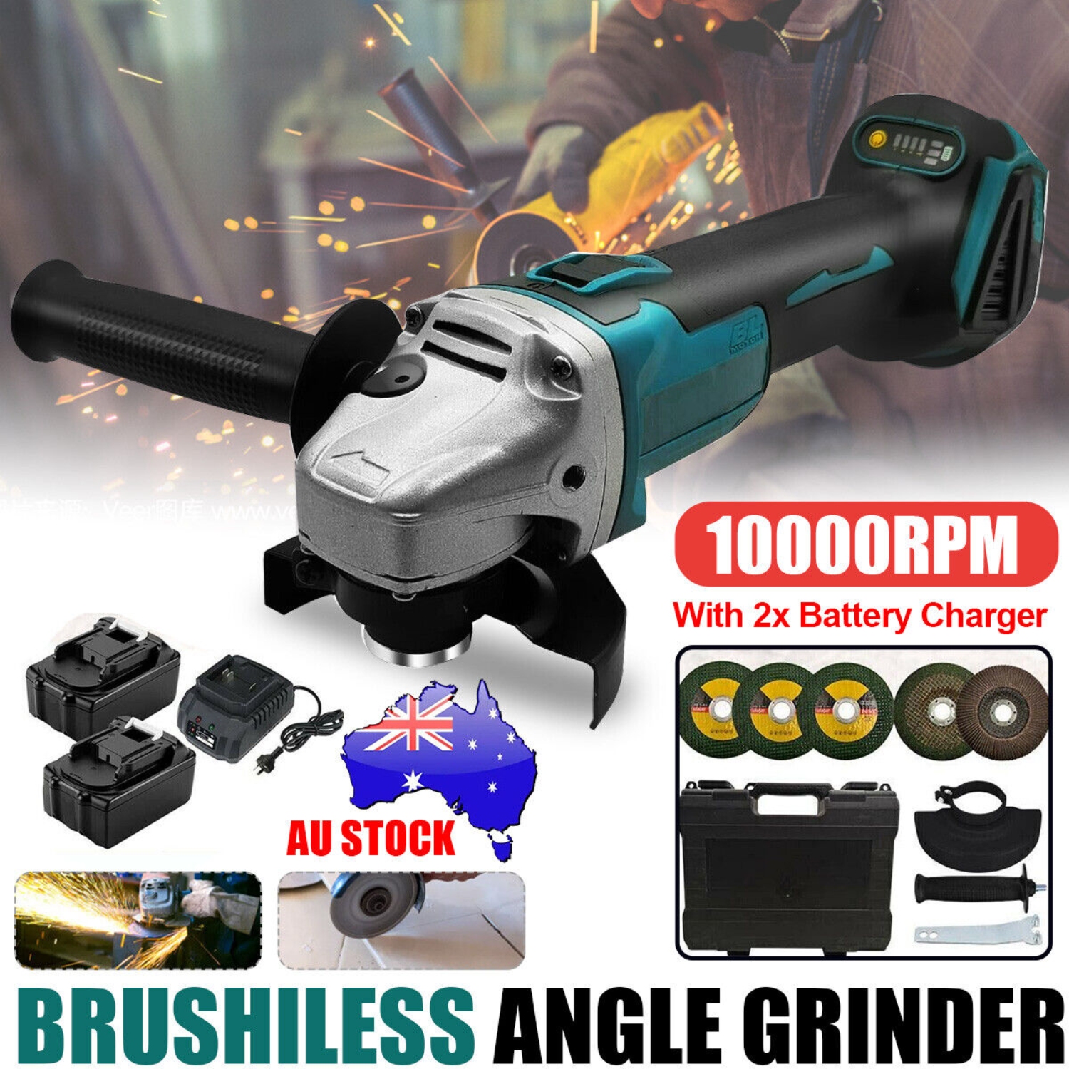 V201-LI0125BU8AU2-90104-00 Brushless Cordless Angle Grinder With 2x Li-ion Battery Charger 125mm Combo Kit - Image 1