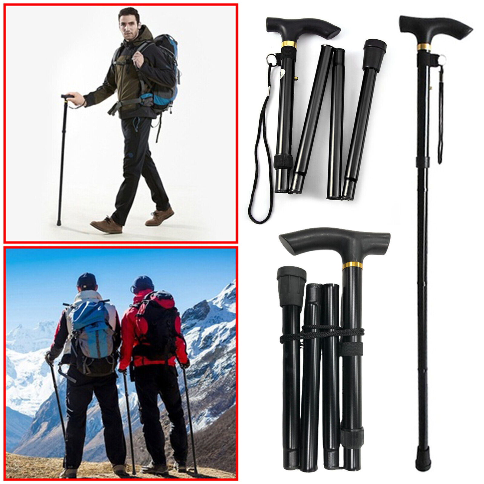 V201-W11598222-191463-00 Adjustable Walking Stick Travel Retractable Hiking Folding Cane Metal Pole - Image 1