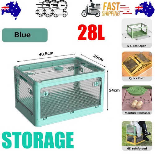 V201-W12882187-223397-00 28L BLUE Storage Container Stackable 5 Sides Open Top Lid Transparent Foldable - Image 1