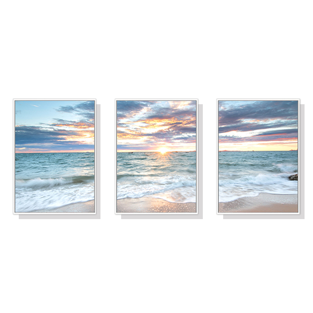 V207-1058_Sunrise-by-the-ocean_1 Wall Art 40cmx60cm Sunrise by the ocean 3 Sets White Frame Canvas - Image 1