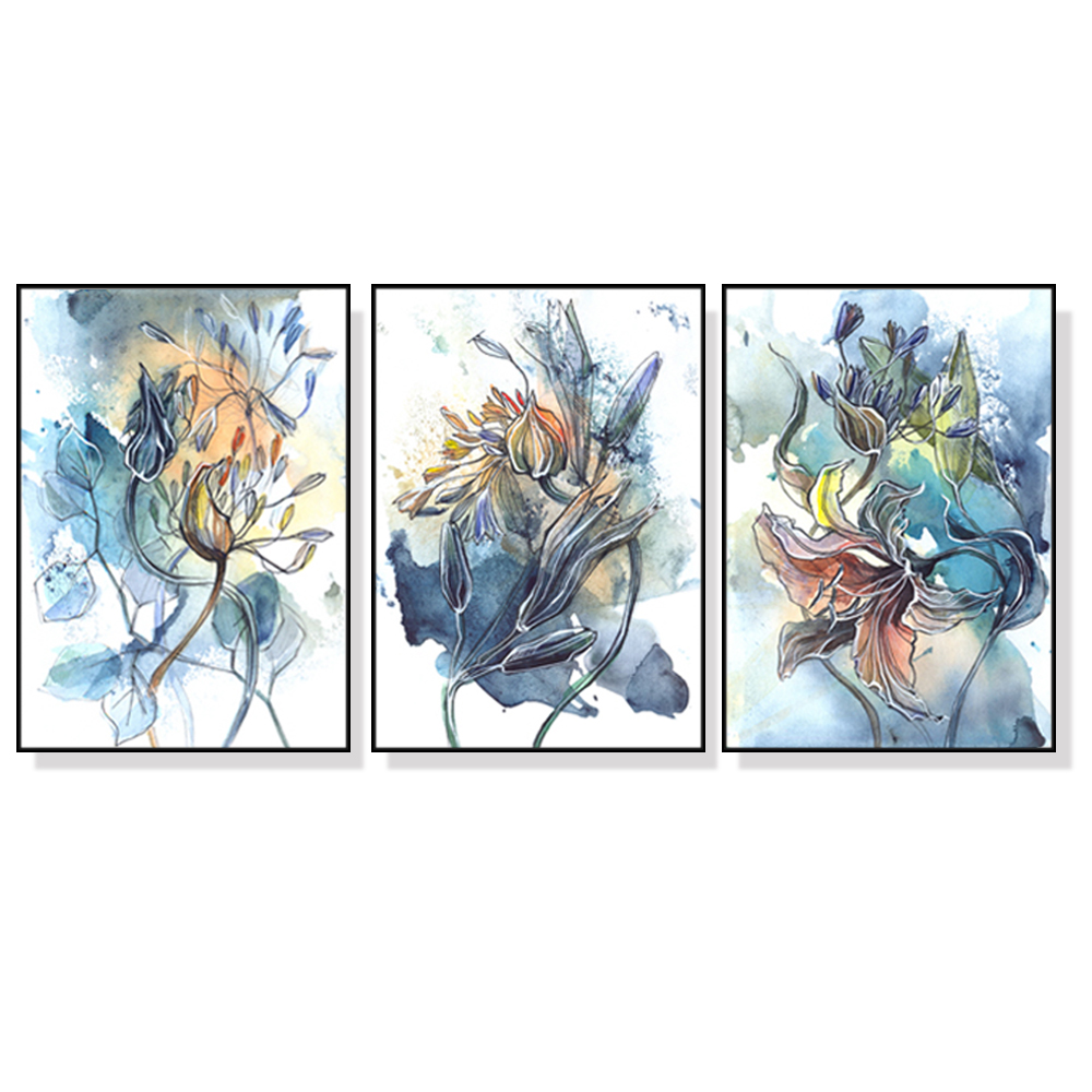 V207-1062_Watercolor-Style-Abstract-Flower-3-sets-black_1 Wall Art 50cmx70cm Watercolor Style Abstract Flower 3 Sets Black Frame Canvas - Image 1