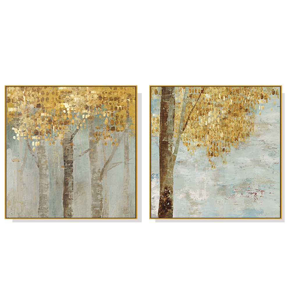 V207-1185_Golden-Leaves-2-sets-gold_1 Wall Art 60cmx60cm Golden Leaves 2 Sets Gold Frame Canvas - Image 1