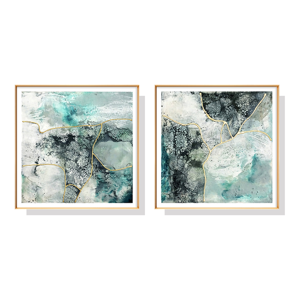 V207-1204_Marbled-Green-2-sets_1 Wall Art 70cmx70cm Marbled Green 2 Sets Gold Frame Canvas - Image 1