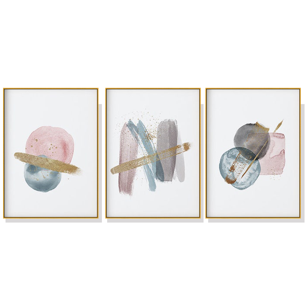 V207-1210_Blush-Pink-Watercolor-Set-gold-1_1 Wall Art 60cmx90cm Blush Pink Watercolor 3 Sets Gold Frame Canvas - Image 1