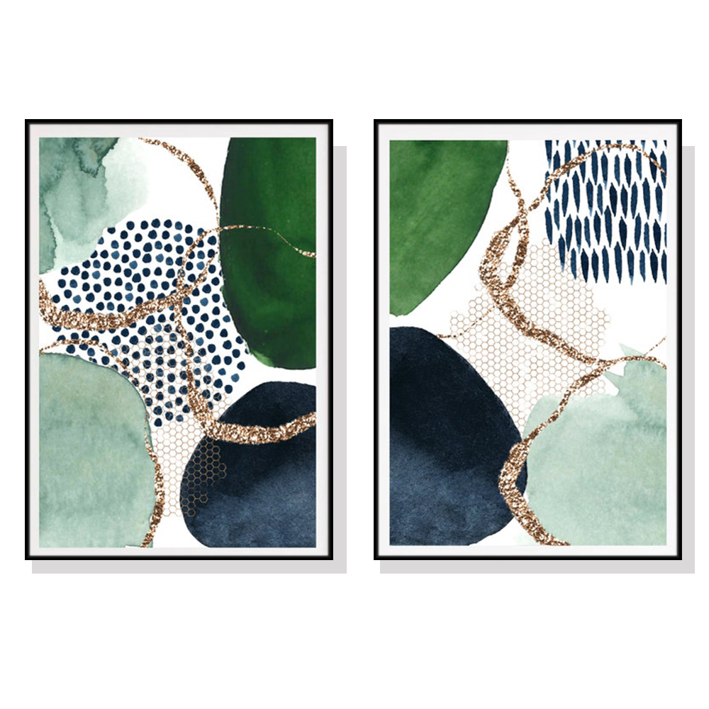 V207-1232-1-146355-00 Wall Art 70cmx100cm Abstract Green and Navy 2 Sets Black Frame Canvas - Image 1