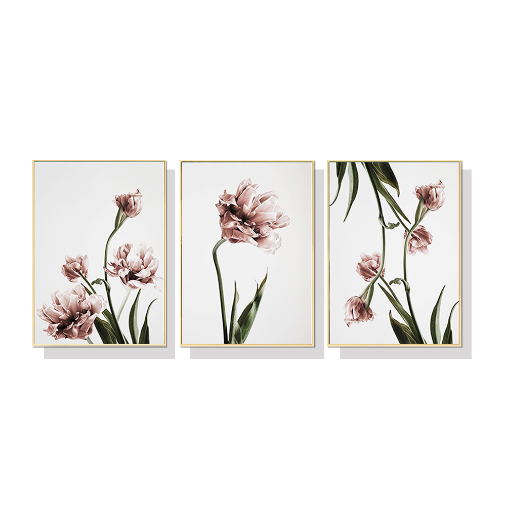 V207-1283-2-146350-00 Wall Art 80cmx120cm Tulip Flower 3 Sets Gold Frame Canvas - Image 1