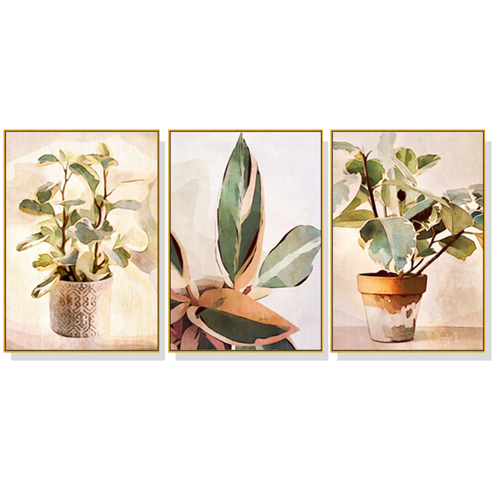 V207-1287_Botanical-Leaves-Watercolor-Style-3-sets-gold-1 Wall Art 50cmx70cm Botanical Leaves Watercolor Style 3 Sets Gold Frame Canvas - Image 1