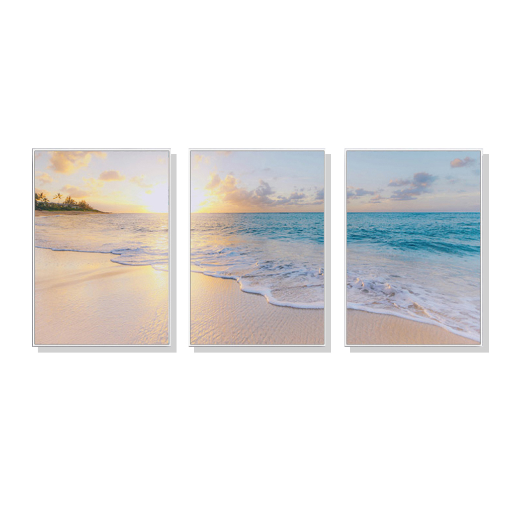 V207-1292-2-146127-00 Wall Art 80cmx120cm Ocean and beach 3 Sets White Frame Canvas - Image 1