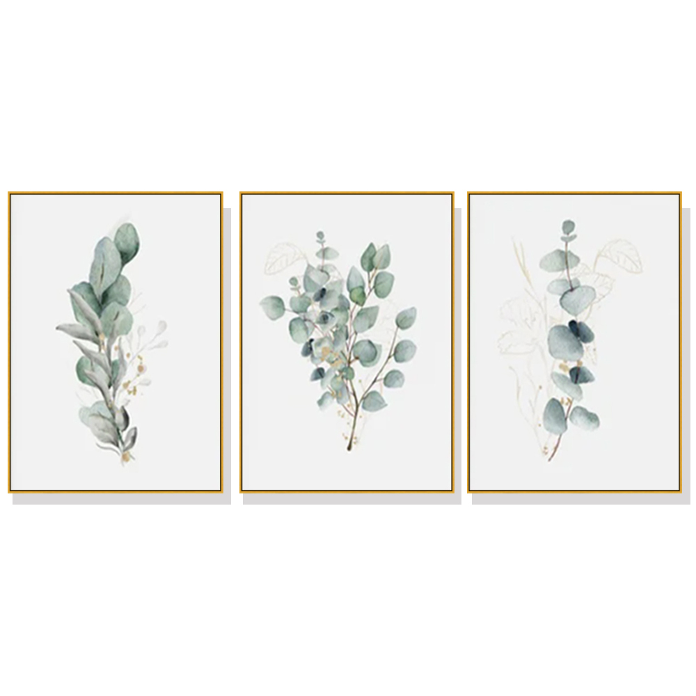 V207-1301-2-146123-00 Wall Art 80cmx120cm Eucalyptus Plant 3 Sets Gold Frame Canvas - Image 1