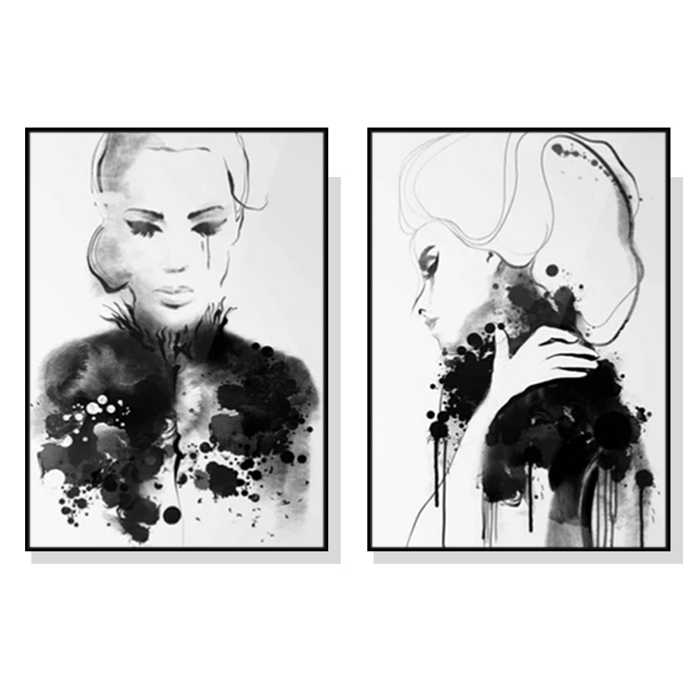 V207-1350-2-145965-00 Wall Art 80cmx120cm Watercolor Sketch 2 Sets Black Frame Canvas - Image 1