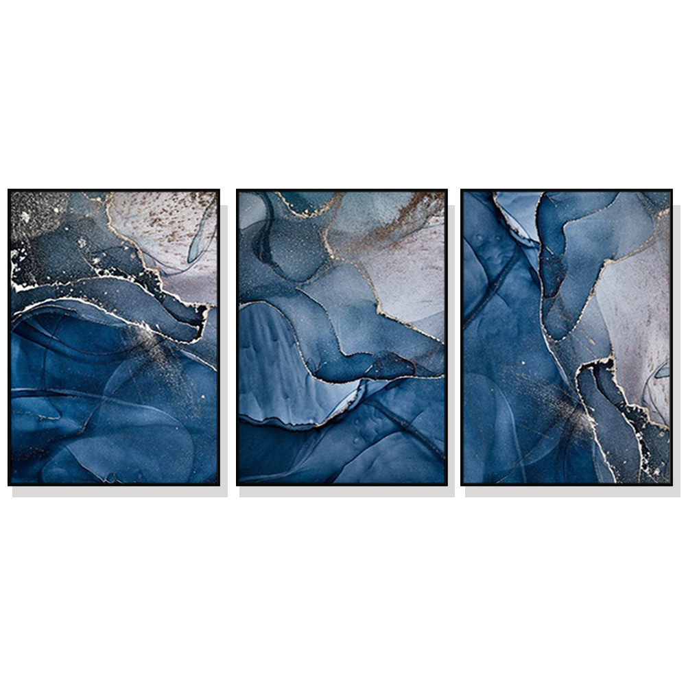 V207-1365-1-145985-00 Wall Art 70cmx100cm Blue Gold Marble 3 Sets Black Frame Canvas - Image 1
