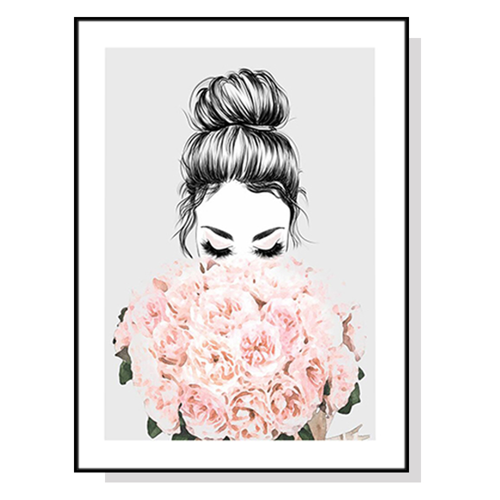 V207-1402-65165-00 Wall Art 80cmx120cm Roses Girl Black Frame Canvas - Image 1