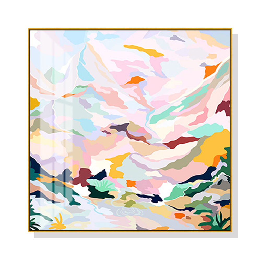 V207-1502-2-145805-00 Wall Art 90cmx90cm Abstract Pink Mountain Hand Painted Style Gold Frame Canvas - Image 1