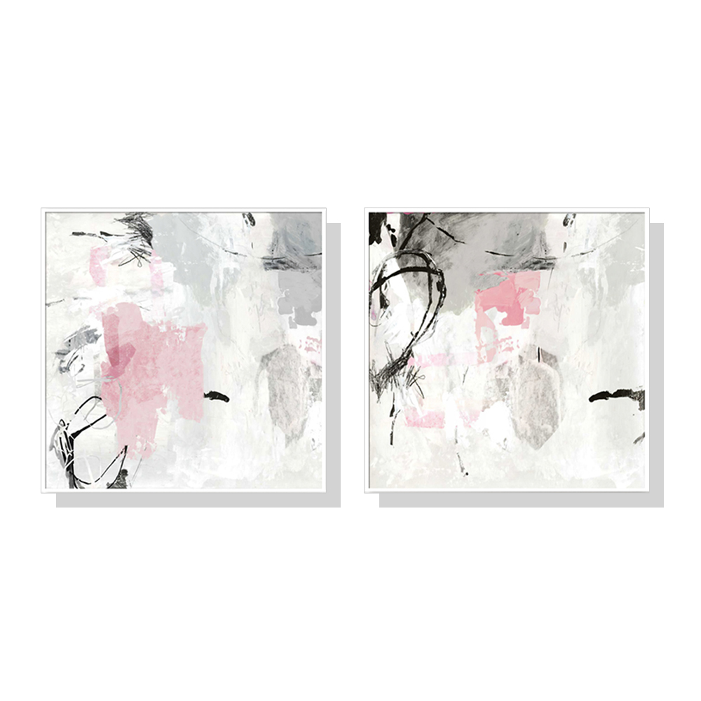 V207-1511-66533-00 Wall Art 60cmx60cm Abstract Pink Grey 2 Sets White Frame Canvas - Image 1