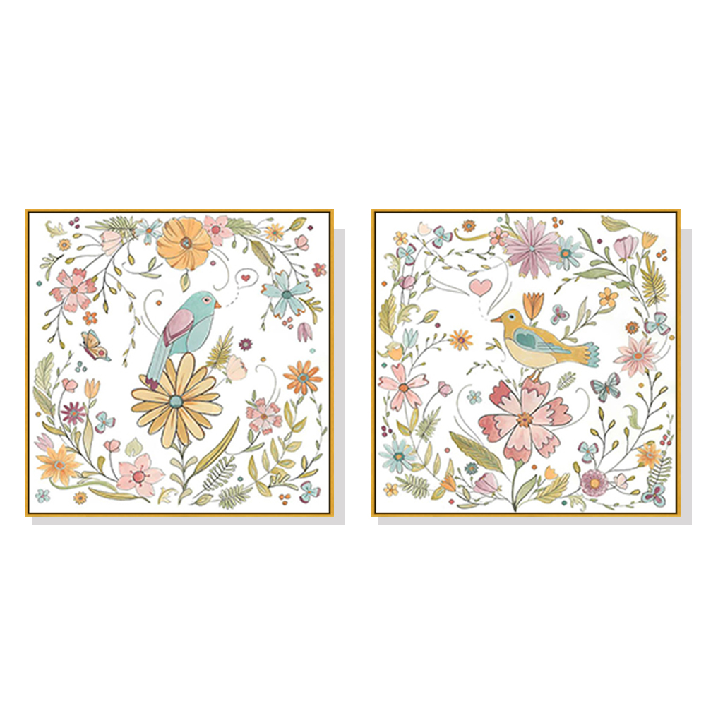 V207-1523-3-146302-00 Wall Art 90cmx90cm Floral birds 2 Sets Gold Frame Canvas - Image 1