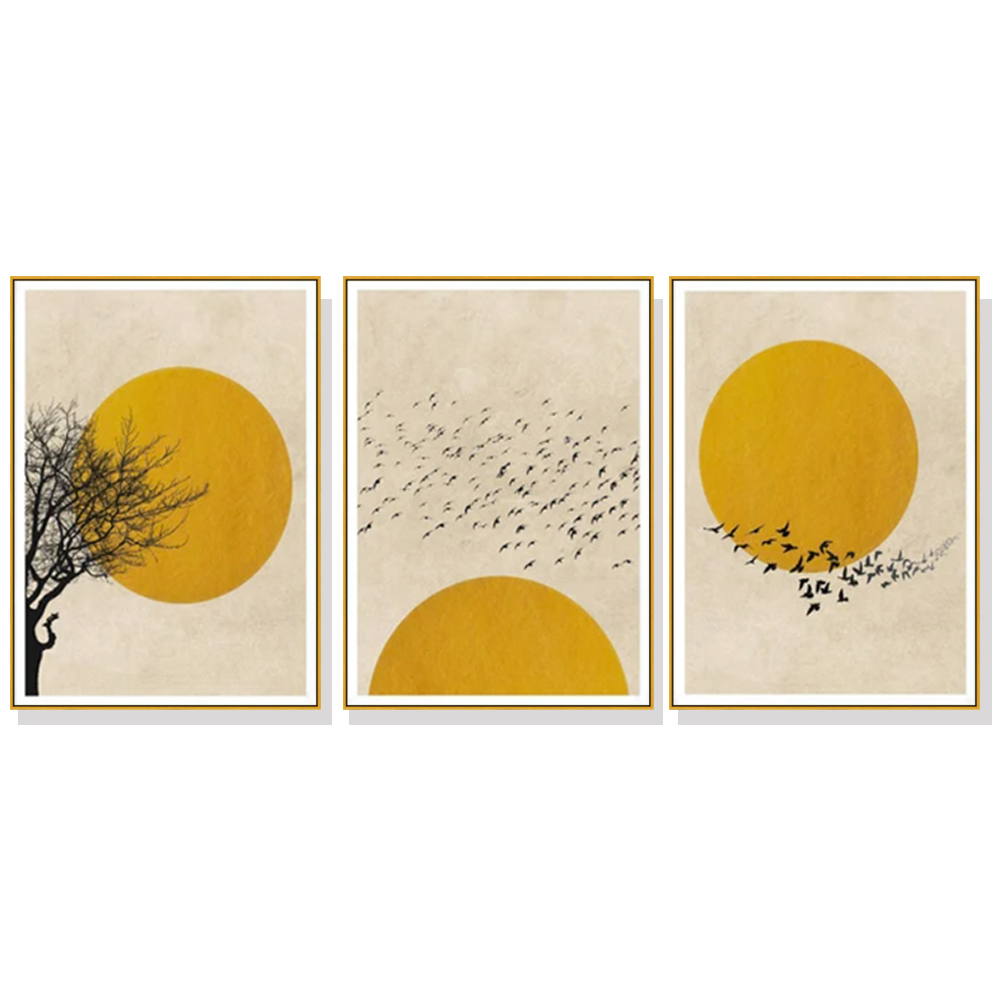 V207-1526-1-146306-00 Wall Art 70cmx100cm Flock Of Birds Sun Silhouette 3 Sets Gold Frame Canvas - Image 1