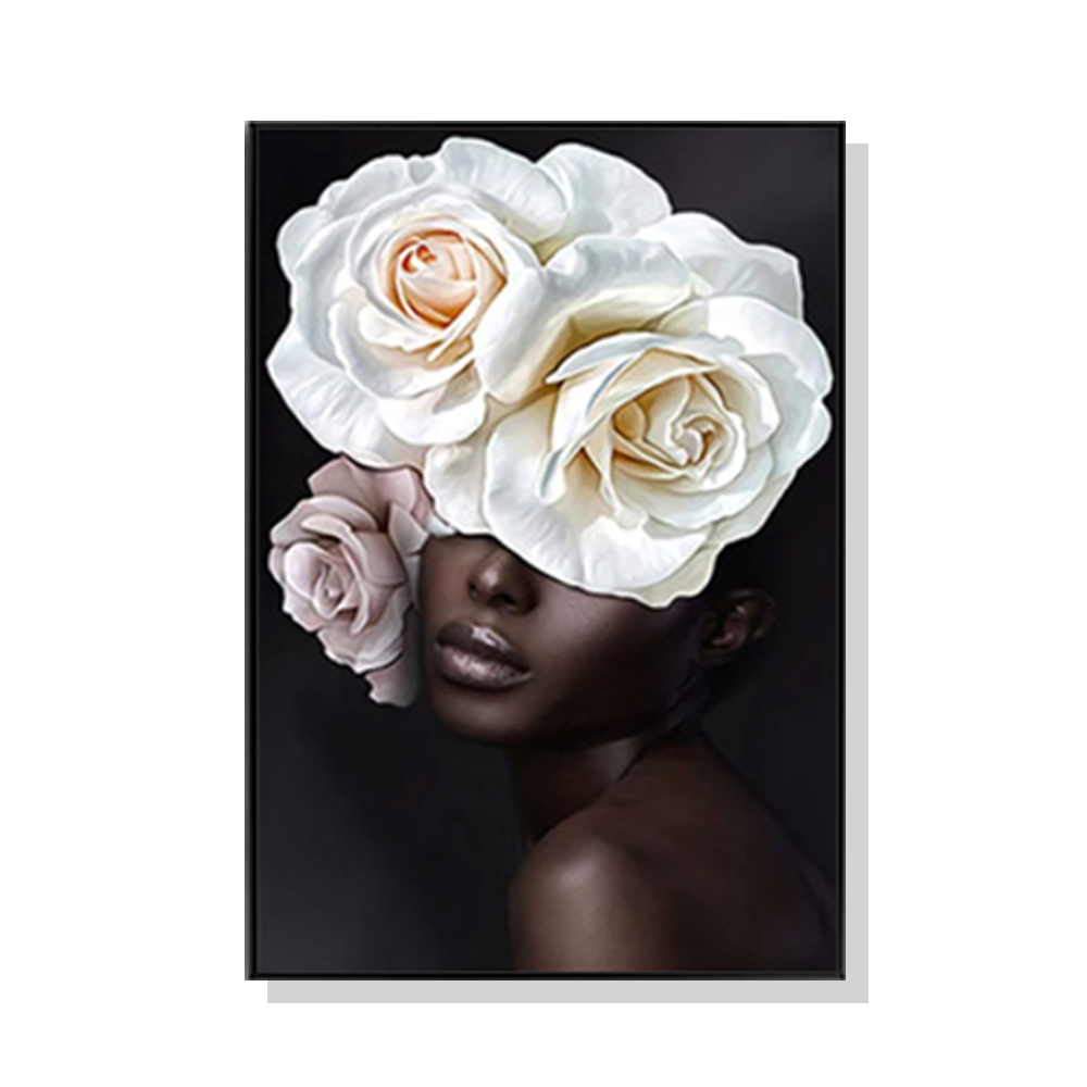 V207-1560-66745-00 Wall Art 70cmx100cm Flower African Woman Black Frame Canvas - Image 1