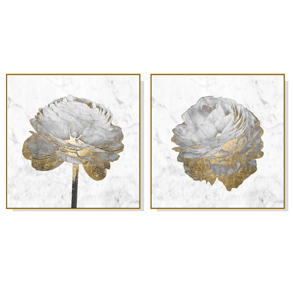 V207-1597-66969-00 Wall Art 60cmx60cm Gold And White Blossom On White 2 Sets Gold Frame Canvas - Image 1