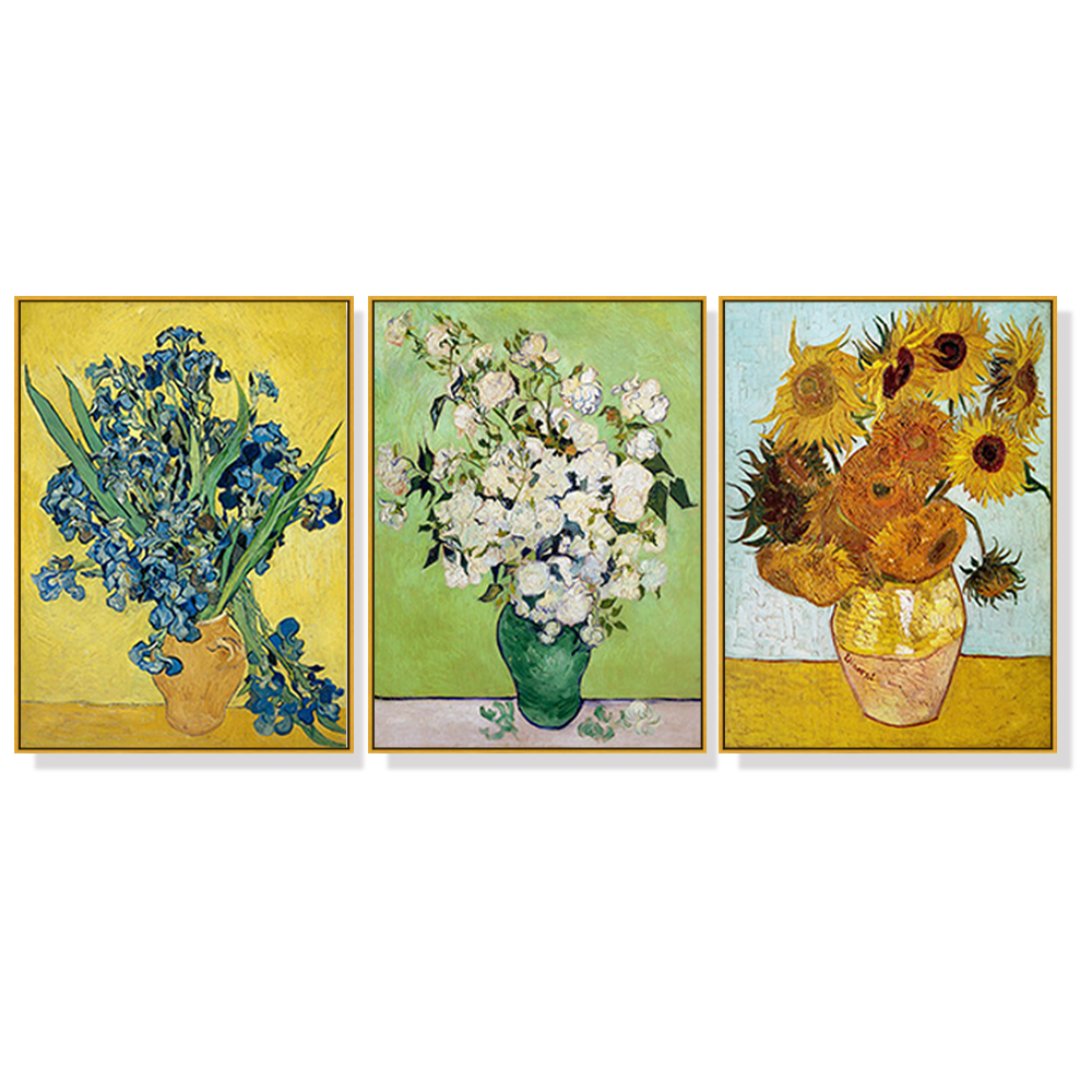 V207-16284-139828-00 Wall Art 100cmx150cm Van Gogh sunflowers Roses 3 Sets Gold Frame Canvas - Image 1