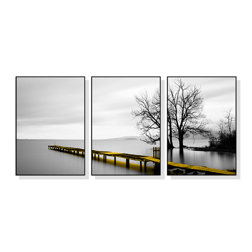 V207-16591-130706-00 Wall Art 70cmx100cm Calm Lake Bridge Tree Scene 3 Sets Black Frame Canvas - Image 1