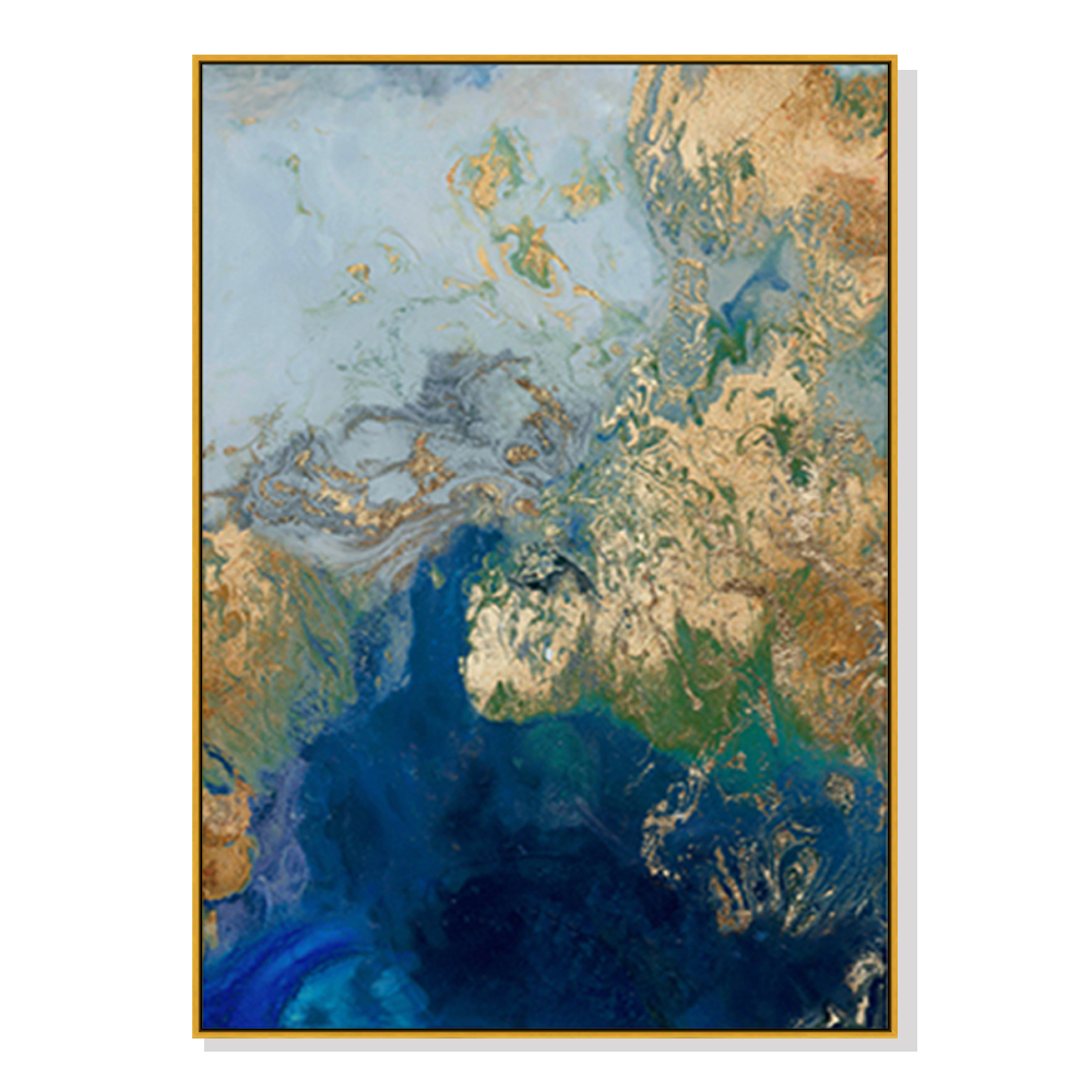 V207-1665-73397-00 Wall Art 50cmx70cm Marbled Blue Gold Artwork Gold Frame Canvas - Image 1
