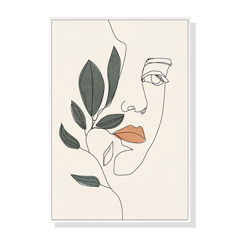 V207-17002-130909-00 Wall Art 90cmx135cm Line Art Girl Face White Frame Canvas - Image 1