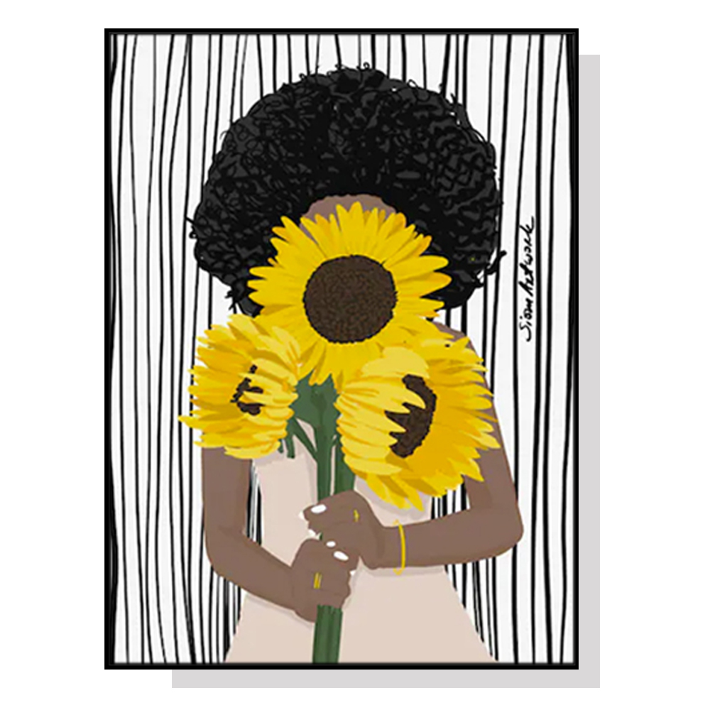 V207-17222-130876-00 Wall Art 90cmx135cm African Woman Sunflower Black Frame Canvas - Image 1