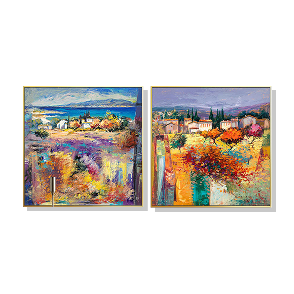 V207-17333-130887-00 Wall Art 90cmx90cm Estate Italiana 2 Sets Gold Frame Canvas - Image 1