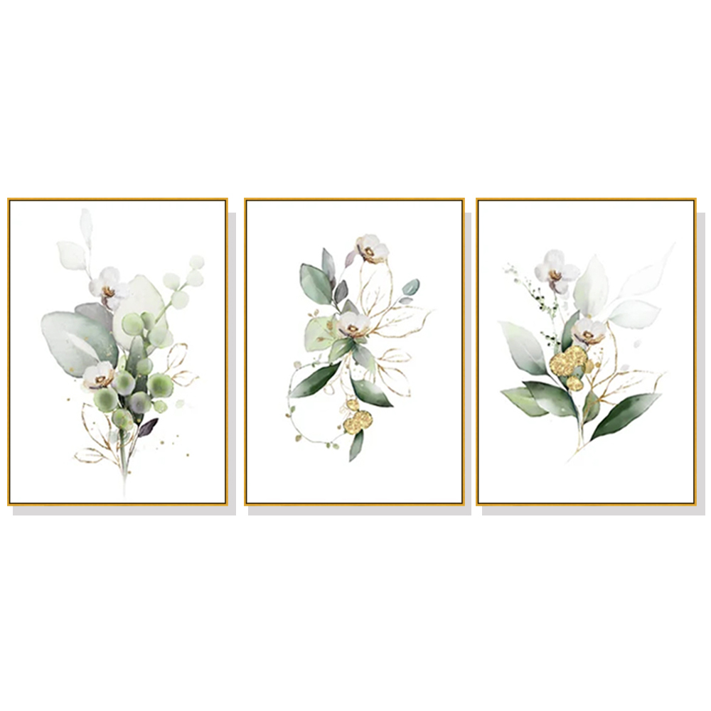 V207-1775-78825-00 Wall Art 40cmx60cm Green and Gold Watercolor Botanical 3 Sets Gold Frame Canvas - Image 1