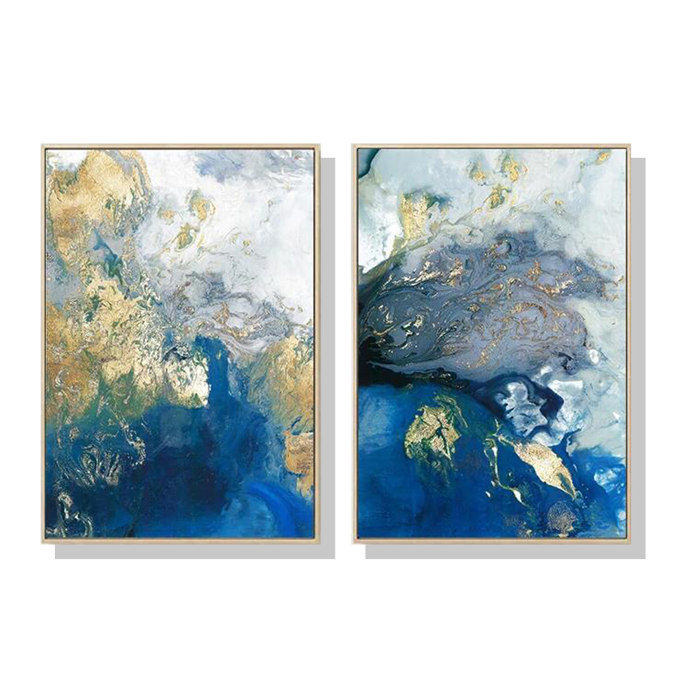 V207-17892-130836-00 Wall Art 80cmx120cm Marbled Blue And Gold 2 Sets Gold Frame Canvas - Image 1