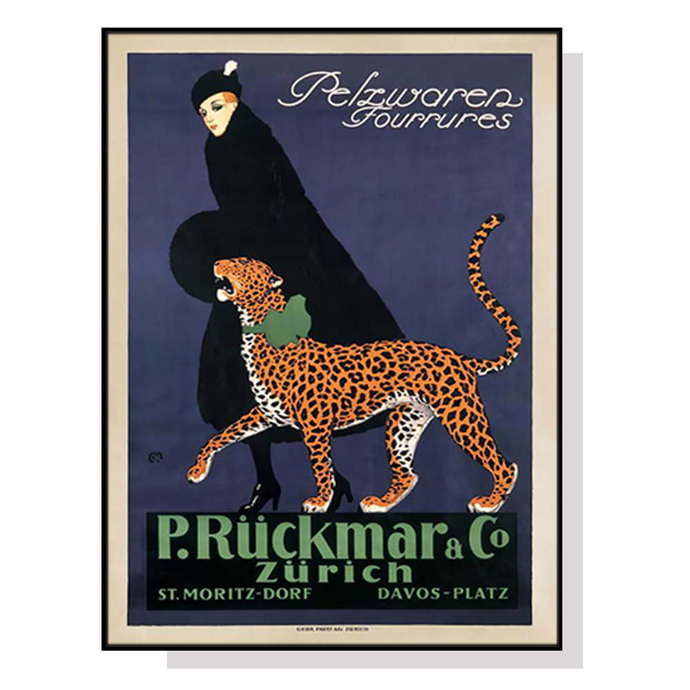 V207-1910-83921-00 Wall Art 50cmx70cm Woman Walking Leopard Vintage Black Frame Canvas - Image 1