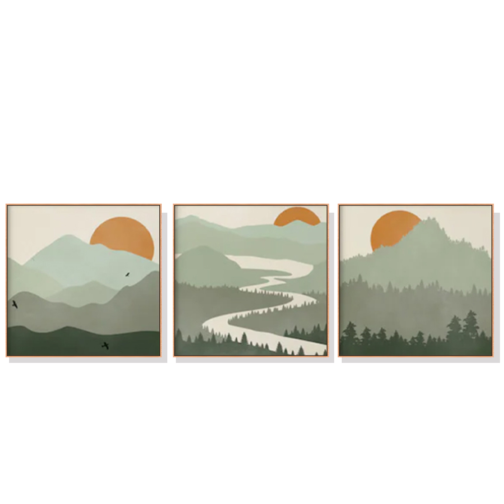 V207-1983-87515-00 Wall Art 60cmx60cm Sage Green Landscapes 3 Sets Wood Frame Canvas - Image 1