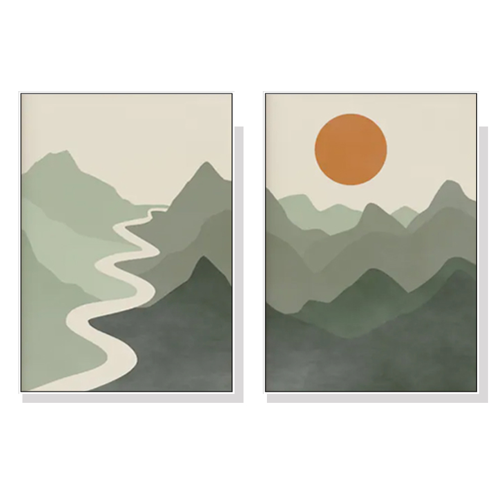 V207-1985-87513-00 Wall Art 50cmx70cm Sage Green River Mountain 2 Sets White Frame Canvas - Image 1
