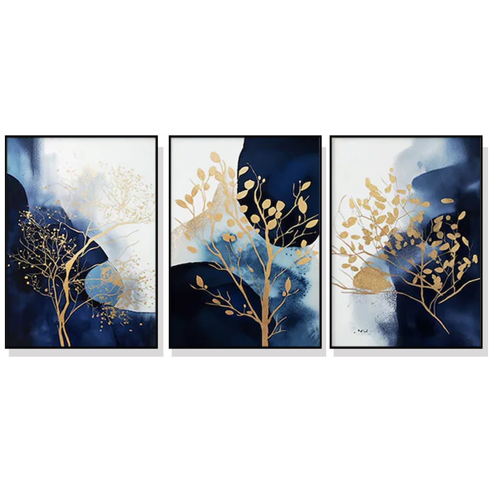 V207-2033-88935-00 Wall Art 40cmx60cm Navy and Gold Watercolor Shapes 3 Sets Black Frame Canvas - Image 1