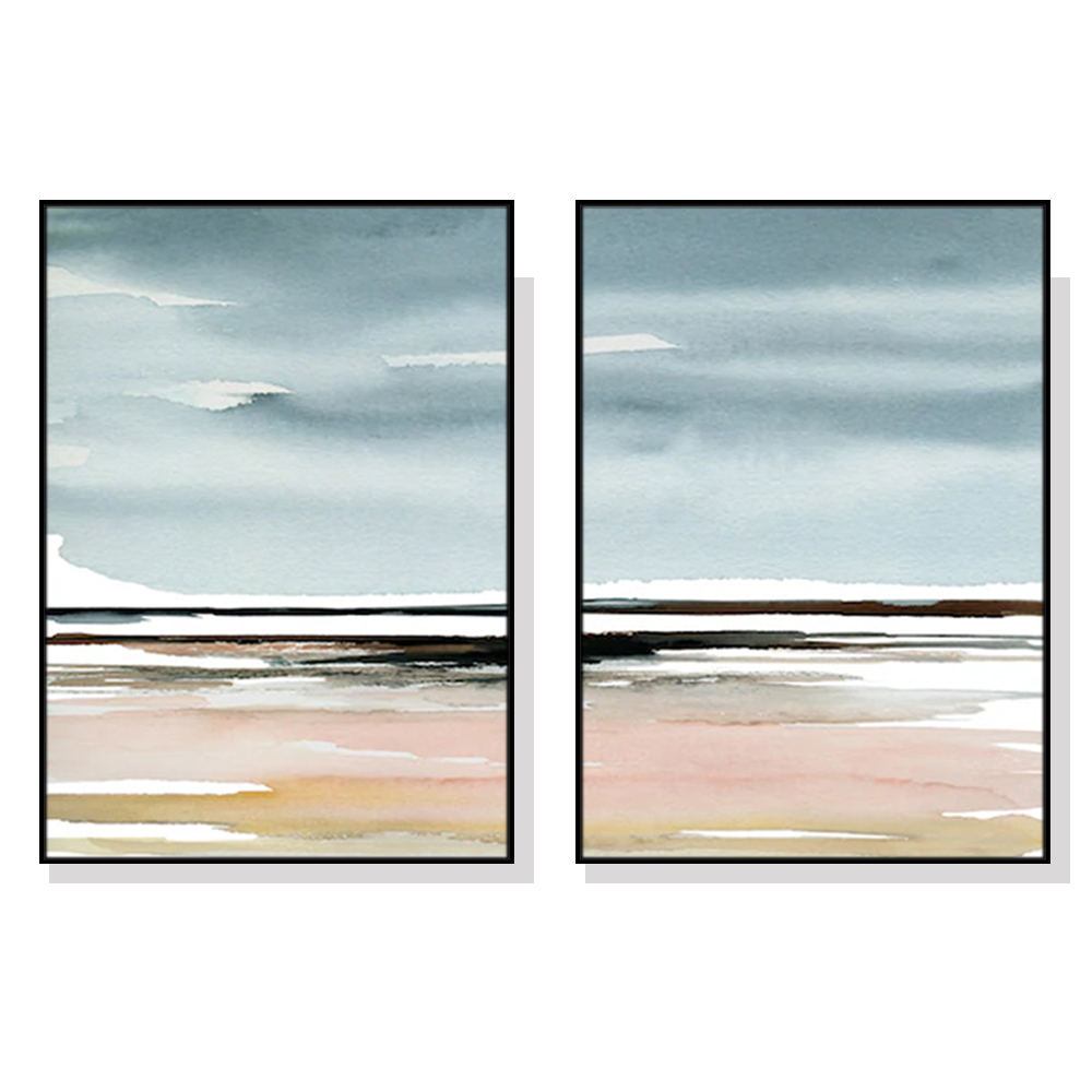 V207-2044-88975-00 Wall Art 60cmx90cm Pink Beach Landscape 2 Sets Black Frame Canvas - Image 1