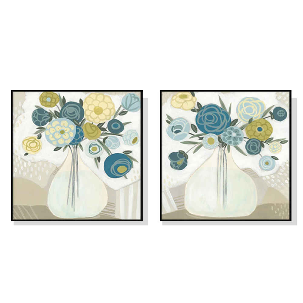 V207-20914-97558-00 Wall Art 100cmx100cm Blue Bouquet 2 Sets Black Frame Canvas - Image 1