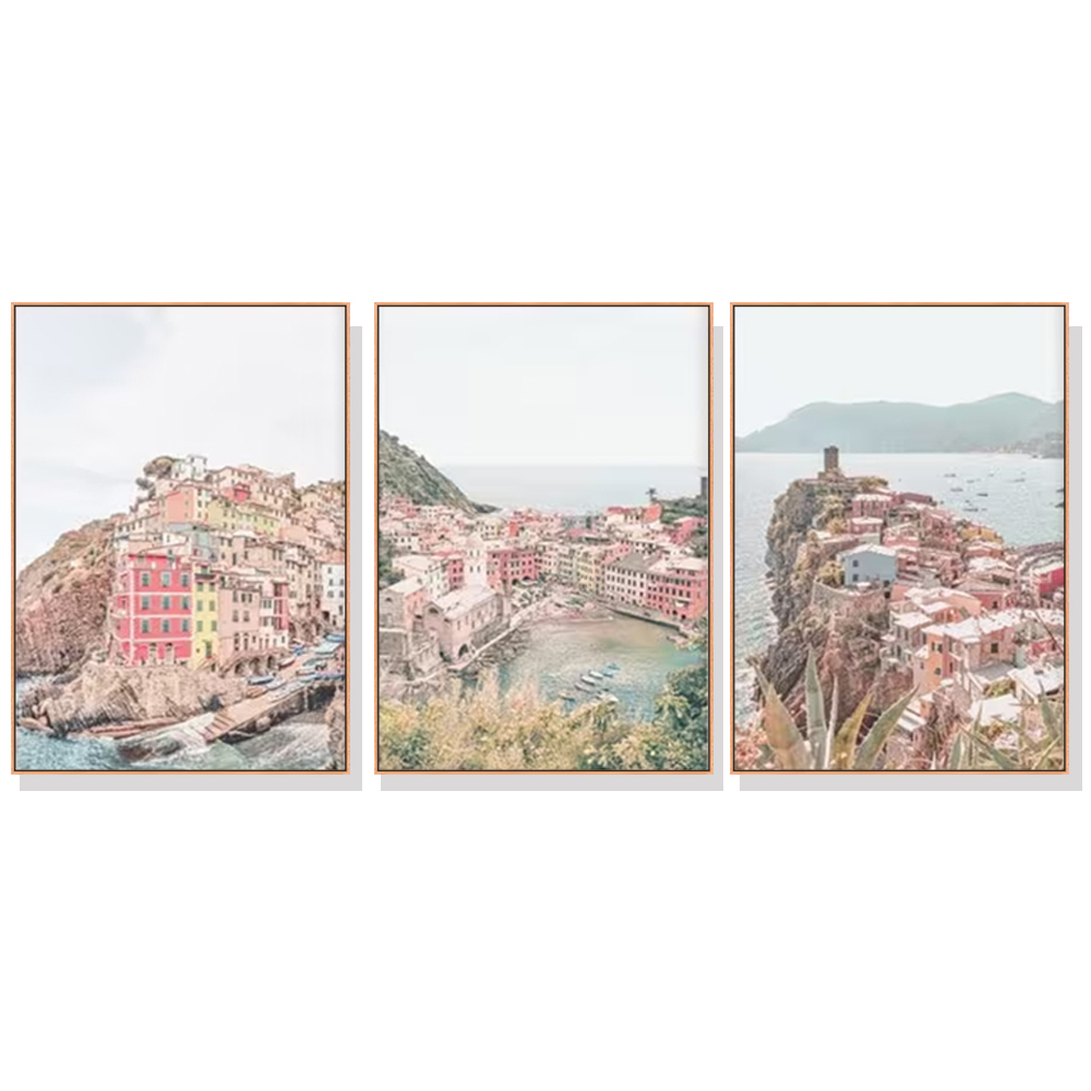 V207-2133-89668-00 Wall Art 60cmx90cm Italy Cinque Terre 3 Sets Wood Frame Canvas - Image 1