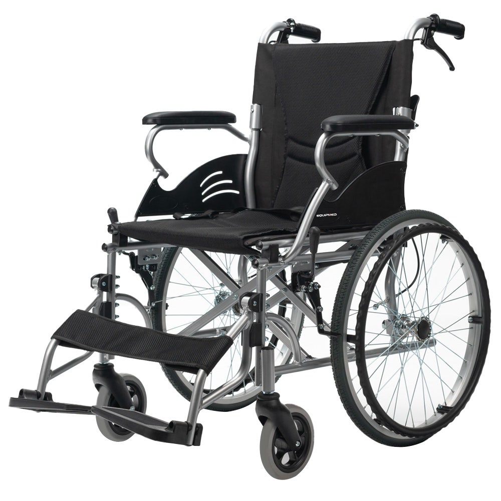 V219-HECWLCEQB2BK-74085-00 EQUIPMED 20 Inch Folding Wheelchair Lightweight Aluminium Portable with Park Brakes, Black - Image 1