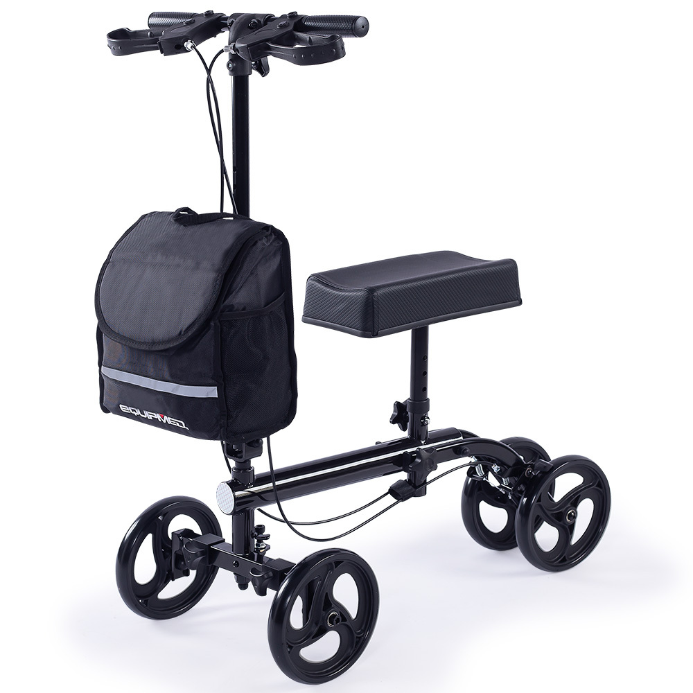 V219-HELKNSEQS1KB-225344-00 Equipmed Knee Scooter Walker, Dual Brakes - Bag - Broken Leg Ankle Foot Mobility - Crutches Alternative - Black - Image 1