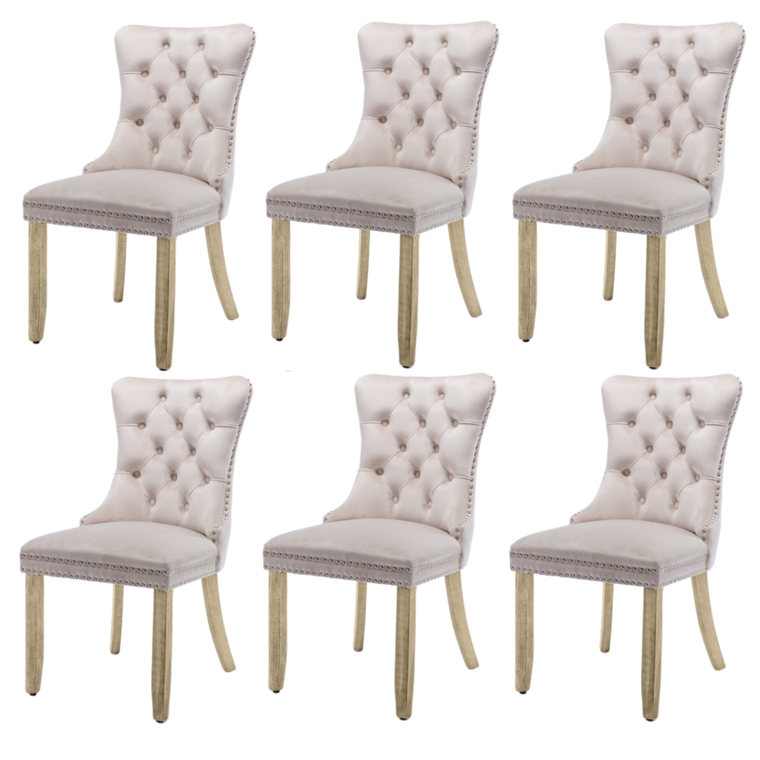 V226-SW1901BG-3-90909-00 6x Velvet Dining Chairs Upholstered Tufted Kithcen Chair with Solid Wood Legs Stud Trim and Ring-Beige - Image 1