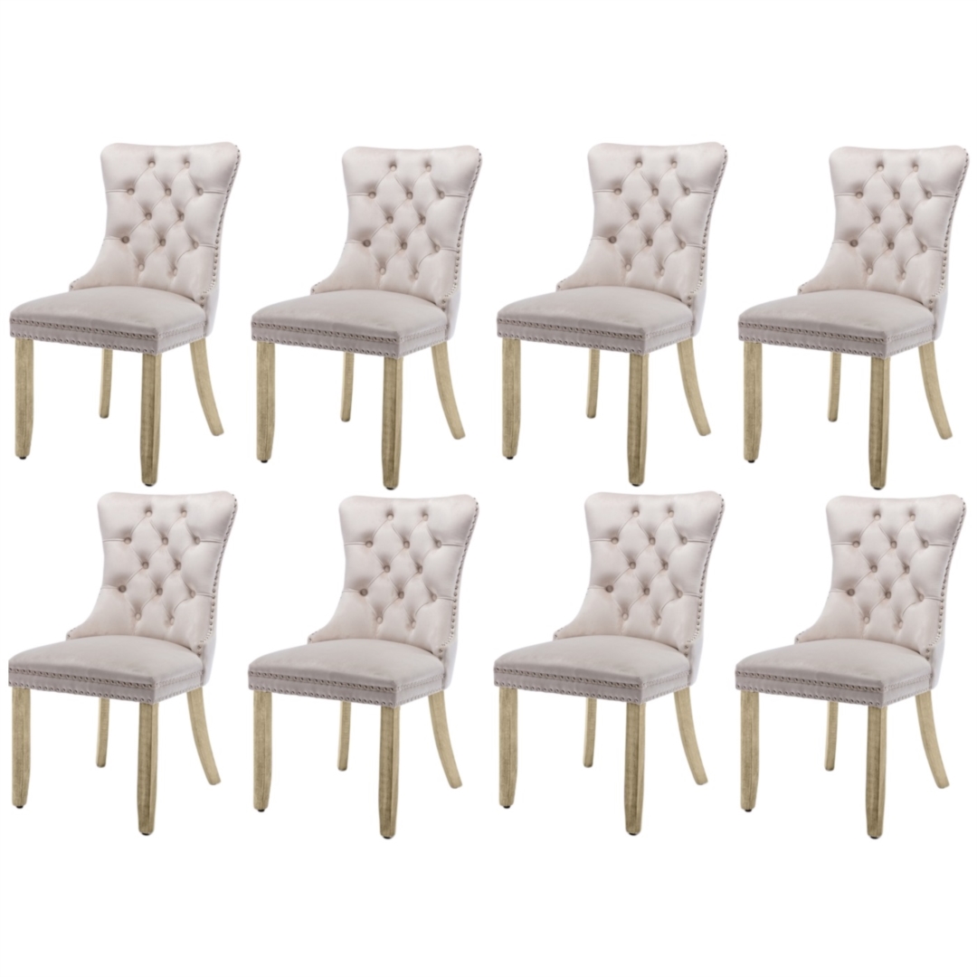 V226-SW1901BG-4-90908-00 8x Velvet Dining Chairs Upholstered Tufted Kithcen Chair with Solid Wood Legs Stud Trim and Ring-Beige - Image 1