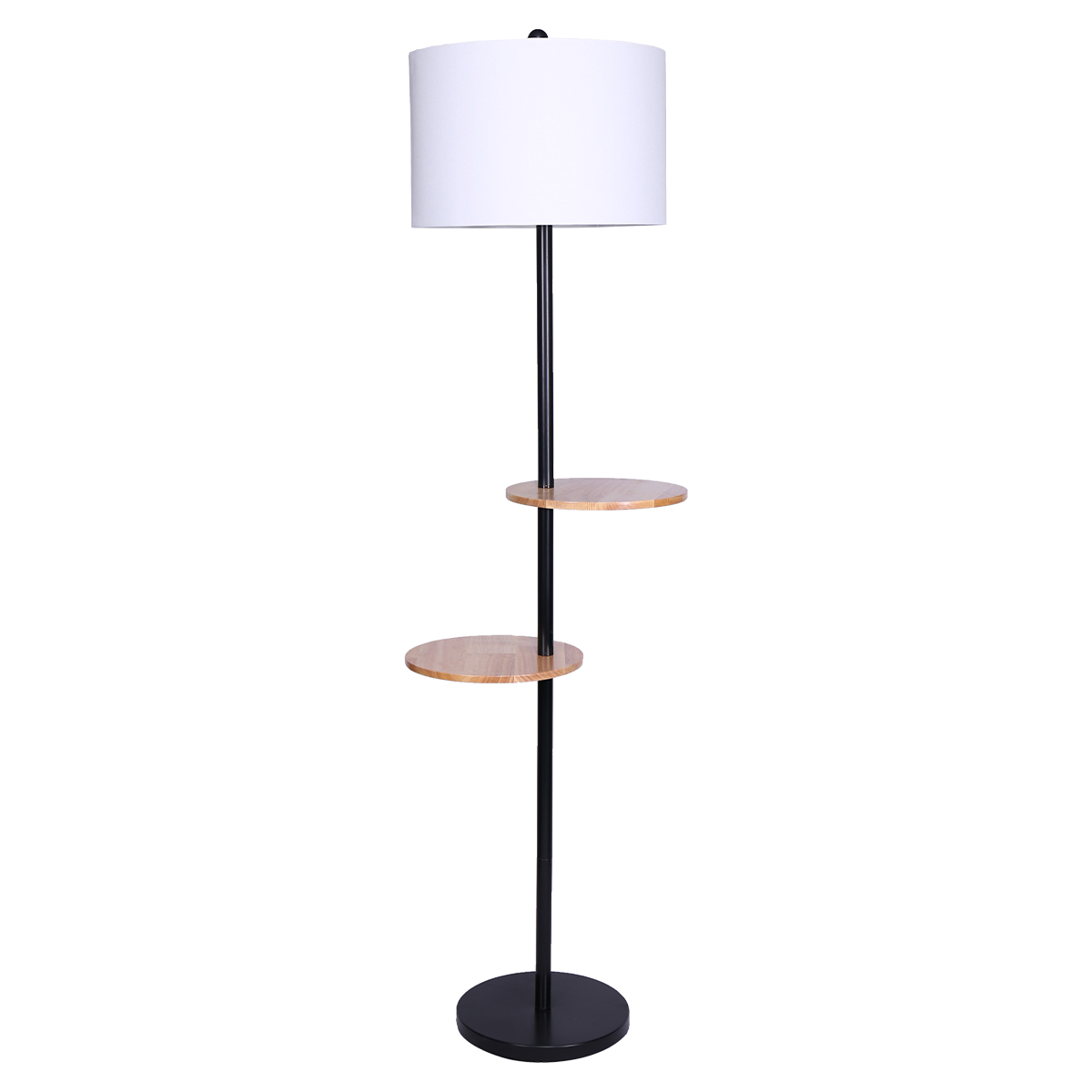 V240-LMP-MLM-626-71586-00 Sarantino Metal Floor Lamp Shade with Black Post in Round Wood Shelves - Image 1