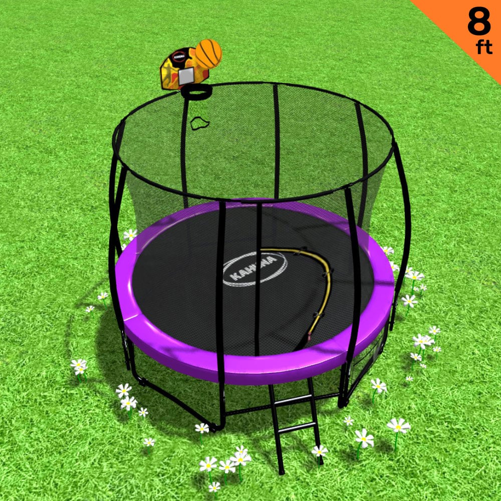 V240-TRA-KAH-08-PU-BB-75024-00 Kahuna 8ft Outdoor Trampoline Kids Children With Safety Enclosure Mat Pad Net Ladder Basketball Hoop Set - Purple - Image 1