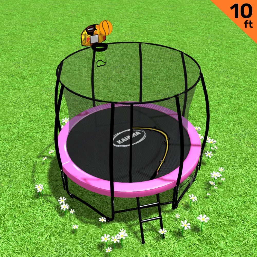 V240-TRA-KAH-10-PK-BB-75260-00 Kahuna 10ft Outdoor Trampoline With Safety Enclosure Pad Ladder Basketball Hoop Set Pink - Image 1