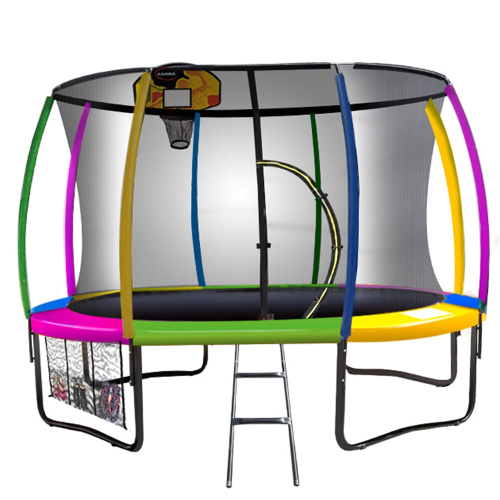 V240-TRA-KAH-12-RB-BB-76767-00 Kahuna 12ft Outdoor Trampoline Kids Children With Safety Enclosure Pad Mat Ladder Basketball Hoop Set - Rainbow - Image 1